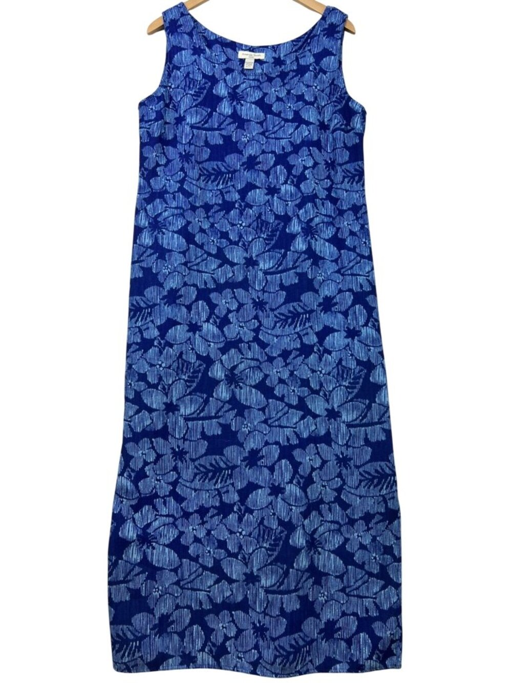 Vtg Amanda Smith Women's Maxi Shift Dress Sleeveless Size 14 Blue White Tropical